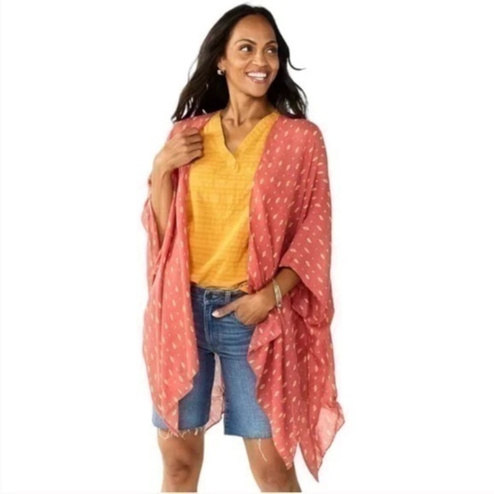 Sonoma Zumo Geo Tacked Ruana Kimono Cardigan in Dark Coral & Yellow
